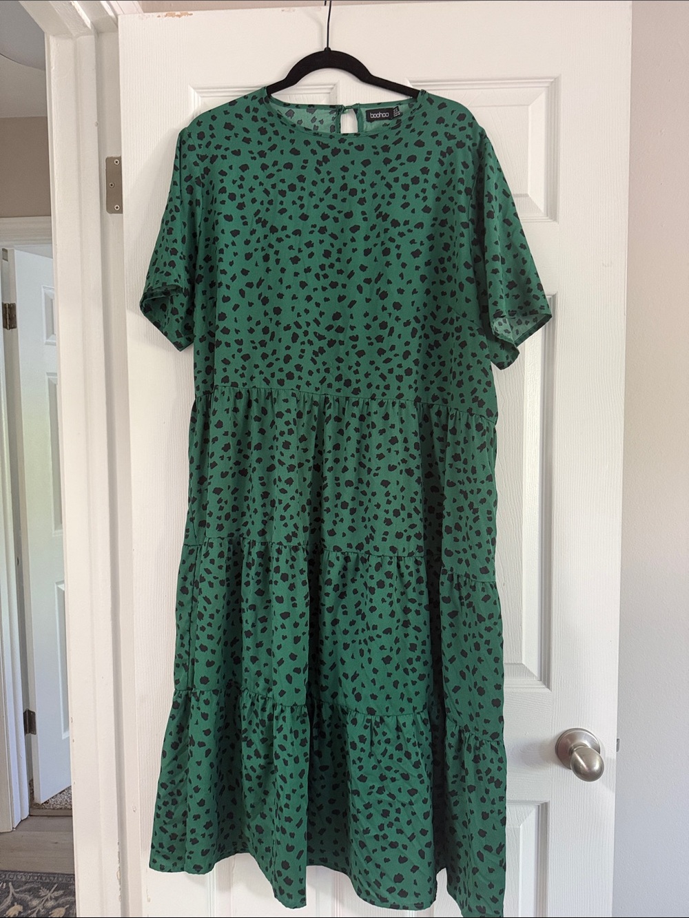 Boohoo Green Midi Dress with Black Spot Print